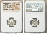 Anonymous. Ca. 211-208 BC. AR victoriatus (18mm, 3.31 gm, 11h). NGC MS S. Rome. Laureate head of Jupiter right; dotted border / ROMA, Victory standing...