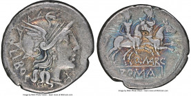 Q. Marcius Libo (ca. 148 BC). AR denarius (20mm, 3.92 gm, 2h). NGC VF 4/5 - 5/5. Rome. LIBO, head of Roma right, wearing winged Attic helmet decorated...