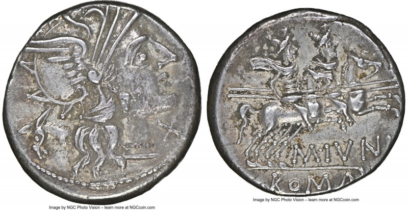 M. Junius Silanus (ca. 145 BC). AR denarius (18mm, 3.82 gm, 8h). NGC Choice XF 5...