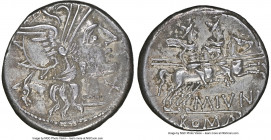 M. Junius Silanus (ca. 145 BC). AR denarius (18mm, 3.82 gm, 8h). NGC Choice XF 5/5 - 3/5. Rome. Head of Roma right, wearing winged helmet surmounted b...