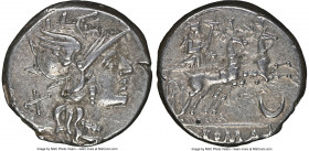 Anonymous (ca. 143 BC). AR denarius (18mm, 4.02 gm, 12h). NGC XF 5/5 - 4/5. Rome. Head of Roma right, wearing winged helmet decorated with griffin cre...