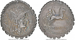 L. Pomponius Cn. f. (ca. 118 BC) with L. Licinius and Cn. Domitius as duoviri. AR serratus denarius (21mm, 3.82 gm, 12h). NGC VF 3/5 - 3/5. Narbo. L•P...
