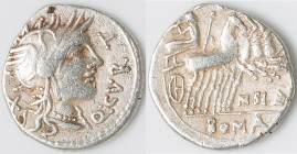 Q. Curtius and M. Silanus (ca. 116-115 BC). AR denarius (20mm, 3.82 gm, 1h). VF, marks. Rome. Q•CVRT, head of Roma right, wearing winged helmet decora...