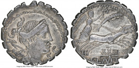 Ti. Claudius Ti.f. Ap.n. Nero (ca. 79 BC). AR denarius serratus (18mm, 3.71 gm, 7h). NGC Choice VF 4/5 - 4/5. Rome. Diademed, draped bust of Diana rig...