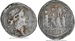 Q. Servilius Caepio (M. Junius) Brutus, as Moneyer (54 BC). AR/AE fourree denarius (21mm, 3.17 gm, 8h). NGC VF 5/5 - 2/5, core visible. Ancient forger...