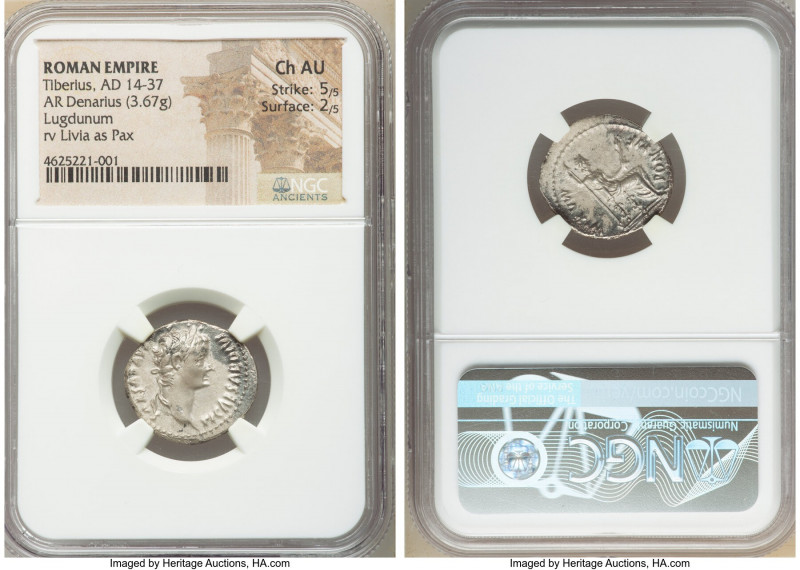 Tiberius (AD 14-37). AR denarius (20mm, 3.67 gm, 4h). NGC Choice AU 5/5 - 2/5. L...