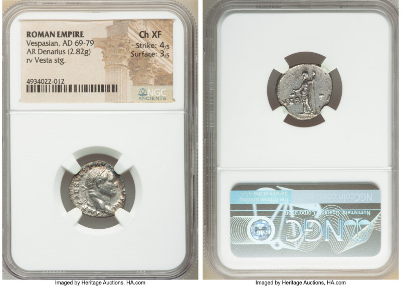 Vespasian (AD 69-79). AR denarius (17mm, 2.82 gm, 6h). NGC Choice XF 4/5 - 3/5. ...
