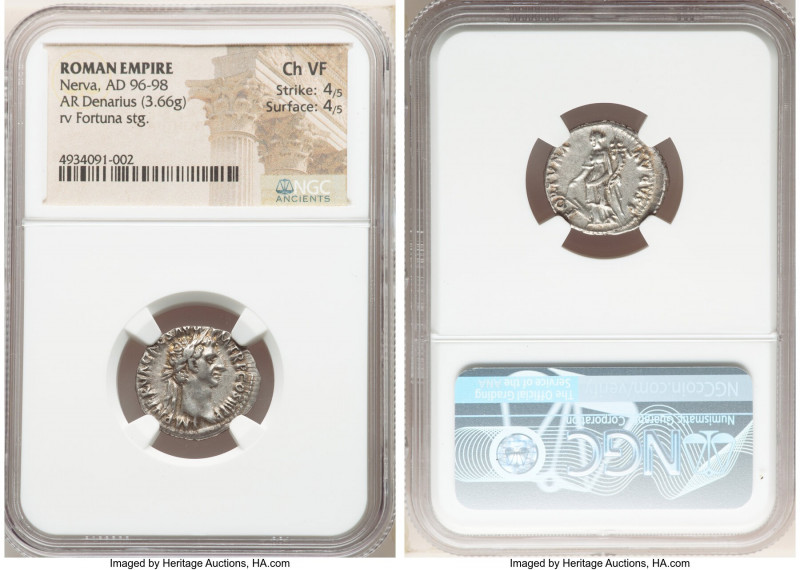 Nerva (AD 96-98). AR denarius (18mm, 3.66 gm, 6h). NGC Choice VF 4/5 - 4/5. Rome...