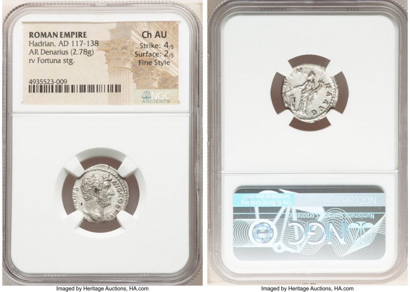 Hadrian (AD 117-138). AR denarius (18mm, 2.78 gm, 7h). NGC Choice AU 4/5 - 2/5, ...