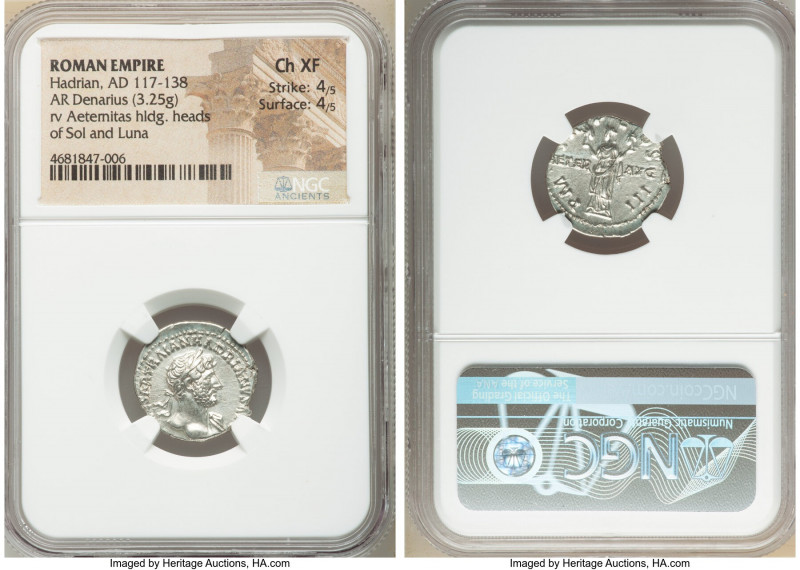Hadrian (AD 117-138). AR denarius (18mm, 3.25 gm, 6h). NGC Choice XF 4/5 - 4/5. ...