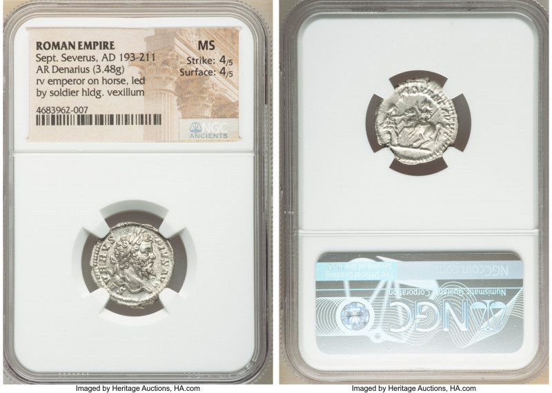 Septimius Severus (AD 193-211). AR denarius (19mm, 3.48 gm, 6h). NGC MS 4/5 - 4/...