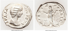 Julia Domna (AD 193-217). AR denarius (19mm, 3.43 gm, 6h). VF. Rome, AD 203. IVLIA-AVGVSTA, draped bust of Julia Domna right, seen from front, hair br...