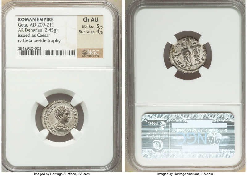 Geta (AD 209-211). AR denarius (18mm, 2.45 gm, 6h). NGC Choice AU 5/5 - 4/5. Rom...