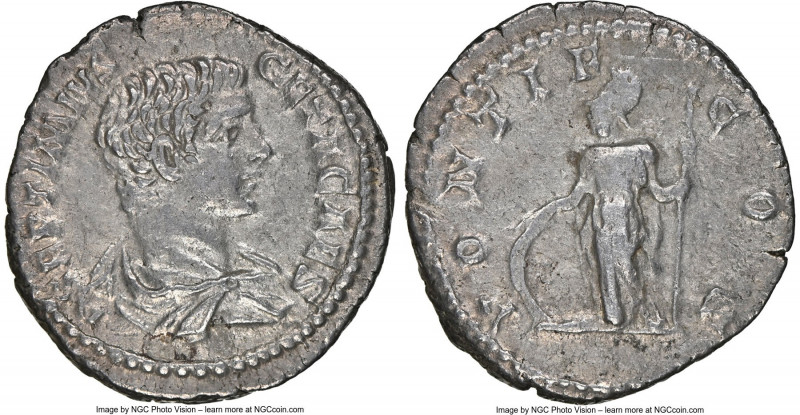 Geta (AD 209-211). AR denarius (19mm, 2.27 gm, 5h). NGC XF 4/5 - 3/5. Rome, AD 2...