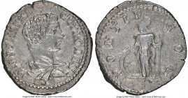 Geta (AD 209-211). AR denarius (19mm, 2.27 gm, 5h). NGC XF 4/5 - 3/5. Rome, AD 205-208. P SEPTIMIVS-GETA CAES, bare headed, draped bust of Geta right,...
