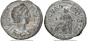 Julia Mamaea (AD 222-235). AR denarius (19mm, 3.49 gm, 7h). NGC Choice AU 4/5 - 3/5. Rome. IVLIA MA-MAEA AVG, draped bust of Julia Mamaea right, seen ...