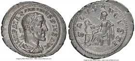 Maximinus I (AD 235-238). AR denarius (22mm, 3.34 gm, 7h). NGC AU 4/5 - 4/5. Rome, AD 235-236. IMP MAXIMINVS PIVS AVG, laureate, draped, and cuirassed...