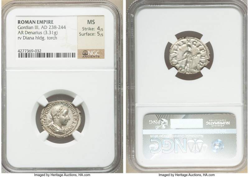 Gordian III (AD 238-244). AR denarius (20mm, 3.31 gm, 6h). NGC MS 4/5 - 5/5. Rom...
