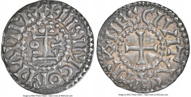 Carolingian. Louis III Denier ND (879-882) AU55 NGC, Tours mint, MG-1256 (Louis II or III), Dep-1041. 1.72gm. Anthracite toned with rose and blue acce...