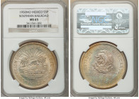 Estados Unidos 5 Pesos 1950-Mo MS65 NGC, Mexico City mint, KM466. Southern Railroad Commemorative. Sunset toning with prismatic rainbow effect on reve...