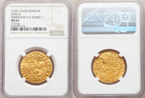 Ferdinand & Isabella (1474-1504) gold 2 Excelentes ND (from 1497)-S MS62 NGC, Seville mint, Fr-129, Cal-746. 7.01gm. 

HID09801242017

© 2022 Heri...