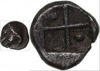 Bosporus Kingdom, Pantikapaion AR hemiobol Circa 470-460 BC
0.29g. 6mm. XF/XF Lion head facing / Quadripartite incuse square, pellet in two segments.