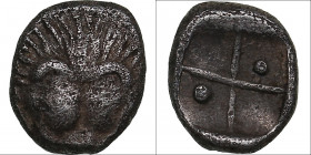 Bosporus Kingdom, Pantikapaion AR hemiobol Circa 470-460 BC
0.31g. 7mm. XF/XF Lion head facing / Quadripartite incuse square, pellet in two segments.