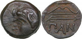Bosporus Kingdom, Pantikapaion Æ15 4th - 3rd Centuries BC
1.81g. 15mm. VF/AU Head of a beardless satyr in a wreath to the left / Bow, an arrow under i...
