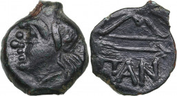 Bosporus Kingdom, Pantikapaion Æ15 4th - 3rd Centuries BC
1.41g. 14.5mm. AU/AU Head of a beardless satyr in a wreath to the left / Bow, an arrow under...