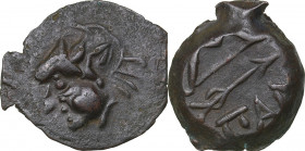 Bosporus Kingdom, Pantikapaion Æ17 4th - 3rd Centuries BC
1.19g. 17mm. XF/XF Head of a beardless satyr in a wreath to the left / Bow, an arrow under i...