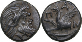 Bosporus Kingdom, Pantikapaion Æ tetrachalcon circa 345-310 BC
6.25 g. 21mm. VF/VF Bearded head of Pan to right / Forepart of griffin to left, Π-Α-Ν a...