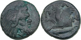 Bosporus Kingdom, Pantikapaion Æ tetrachalcon Circa 345-310 BC
6.90g. 21mm. VF+/VF+ Bearded head of Pan to right / Forepart of griffin to left, Π-Α-Ν ...