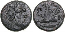 Bosporus Kingdom, Pantikapaion Æ tetrachalcon Circa 345-310 BC
7.06g. 20mm. XF/XF Bearded head of Pan to right / Forepart of griffin to left, Π-Α-Ν ar...