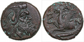 Bosporus Kingdom, Pantikapaion Æ tetrachalcon Circa 345-310 BC
6.40g. 20mm. AU/AU Bearded head of Pan to right / Forepart of griffin to left, Π-Α-Ν ar...
