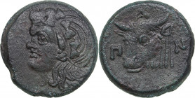 Bosporus Kingdom, Pantikapaion Æ obol Circa 293-283 BC
16.03g. 27mm. VF/VF Head of a beardless Satyr in a wreath left / ΠΑΝ. Bull's head to the left....