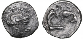 Calabria, Tarentum AR Diobol circa 325-280 BC
0.66g. 11mm. VF/VF Head of Athena right, wearing helmet decorated with Skylla./ Heracles kneeling right,...