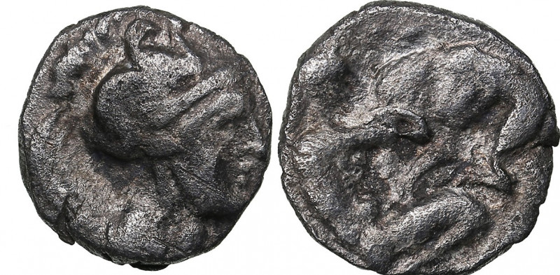 Calabria, Tarentum AR Diobol circa 325-280 BC
0.79g. 11mm. VF/VF Head of Athena ...