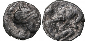 Calabria, Tarentum AR Diobol circa 325-280 BC
0.79g. 11mm. VF/VF Head of Athena right, wearing helmet decorated with Skylla./ Heracles kneeling right,...