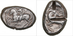 Cilicia, Celenderis AR Stater c. 425-400 BC
10.53g. 23mm. VF/VF Horseman right, dismounting horse for second part of race./ Goat kneeling left, head t...
