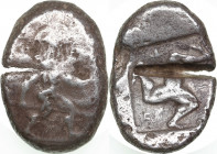 Pamphylia, Aspendos AR Stater circa 465-430 BC
10.70g. 25mm. F/VF- Hoplite advancing to right, holding shield and spear / Triskeles; EΣ above; all wit...