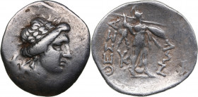 Thessaly, Thessalian League AR Drachm Mid-late 2nd century BC
4.07g. 22mm. F/VF Laureate head of Apollo right; monogram to left / ΘΕΣΣΑ-ΛΩΝ, Athena It...