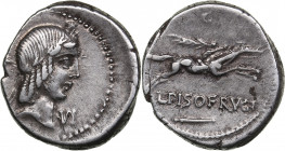 Roman Republic AR Denar - L. Calpurnius Piso Frugi (ca. 90 BC)
3.97g. 19mm. XF-/VF+ Laureate head of Apollo right/ L PISO FRVGI, horseman galloping ri...