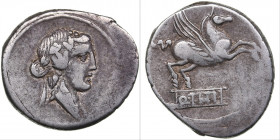 Roman Republic, Rome AR Denar - Q.Titius (90 BC)
3.83g. 20mm. VF/VF Head of Bacchus in a wreath to the right / Prancing Pegasus to the right, Q.Titius