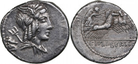 Roman Republic AR Denar - L. Iulius Bursio (85 BC)
3.76g. 20mm. VF+/VF+ Laureate, winged, and draped bust of Genius (or Apollo Vejovis) right, trident...
