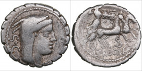 Roman Republic, Rome AR Denarius serratus - Procilia (ca. 80 BC)
3.83g. 19mm. VF/F S • C (Senatus Consulto) / L PROCILI F (Lucius Procilius Filius). R...