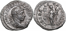 Roman Empire AR Denarius - Elagabalus (218-222 AD)
2.84g. 20mm. VF/VF IMP ANTONINVS PIVS AVG, Bust right/ LIBERALITAS AVG II