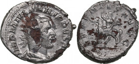 Roman Empire Antoninianus - Philip the Arab (244-249 AD)
5.37g. 23mm. F/VF Mint luster. IMP M IVL PHILIPPVS AVG, Bust right/ ADVENTVS AVGG, Philip rid...