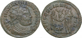 Roman Empire Radiate Æ follis - Maximianus Herculius (286-305 AD)
3.07g. 21mm. F/F IMP C M A MAXIMIANVS P F AVG, Bust of emperor righ/ CONCORDIA MILIT...