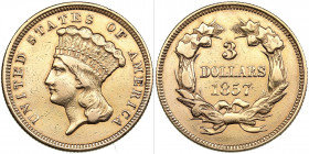 USA 3 dollars 1857
4.95g. XF-/VF+ KM 84. Rare!