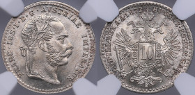 Austria 10 kreuzer 1872 - NGC MS 66
An extraordinarily lustrous specimen. Only three specimens have been certified finer by NGC. KM 2206.